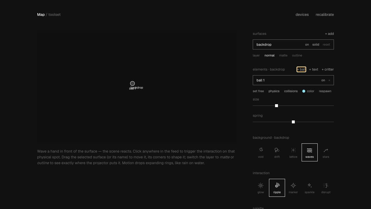 Actual Map toolset with surface controls, scene choices and motion settings